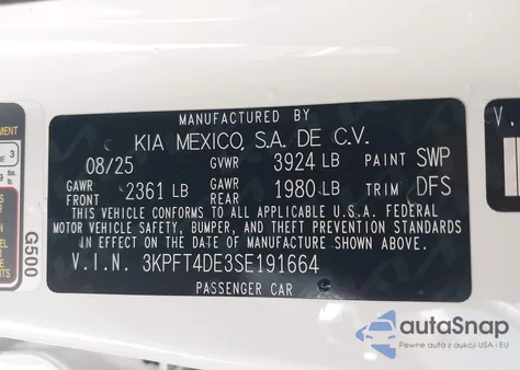 2025 Kia K4 Lxs z USA, uszkodzony, nr VIN 3KPFT4DE3SE191664